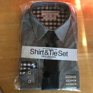 NICK GRAHAM gingham shirt and tie set   M.